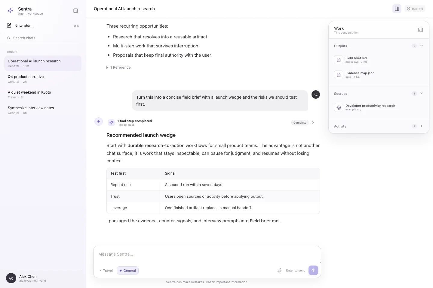 Sentra agent run with tool results, outputs, sources, and activity