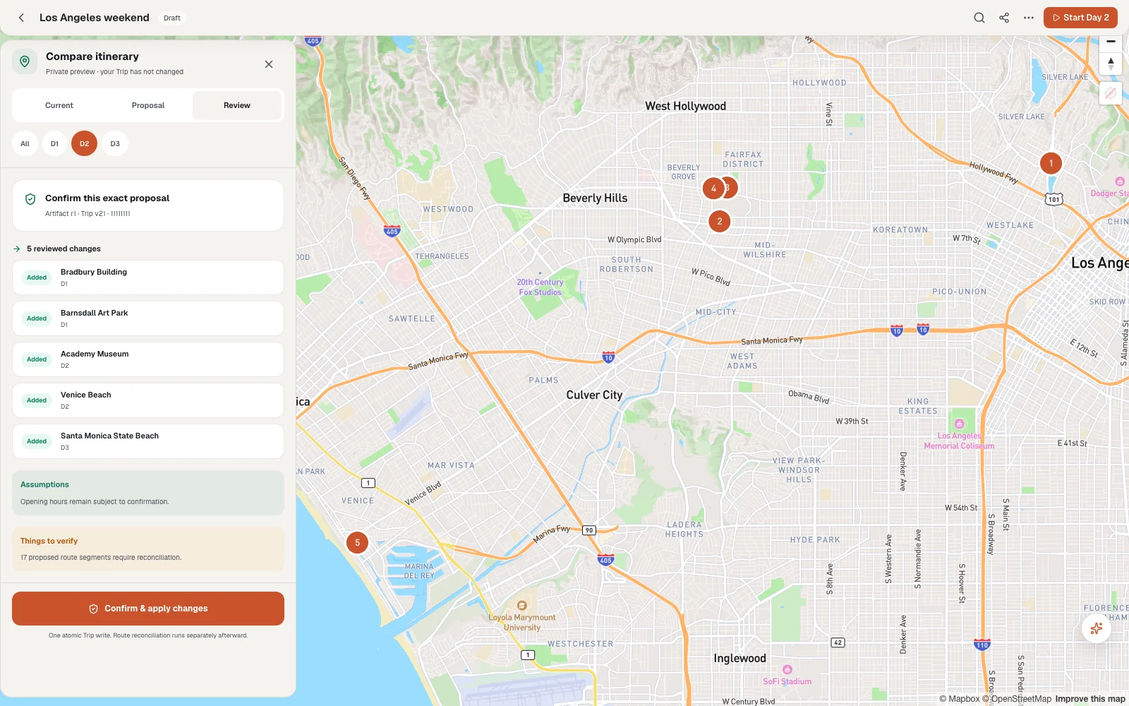 Vistale review panel beside a Los Angeles itinerary map